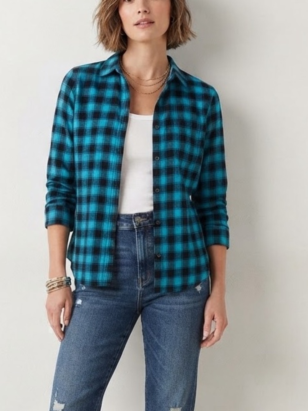 St. John'Small Bay Plaid Flannel Shirt Blue & Green Size Small